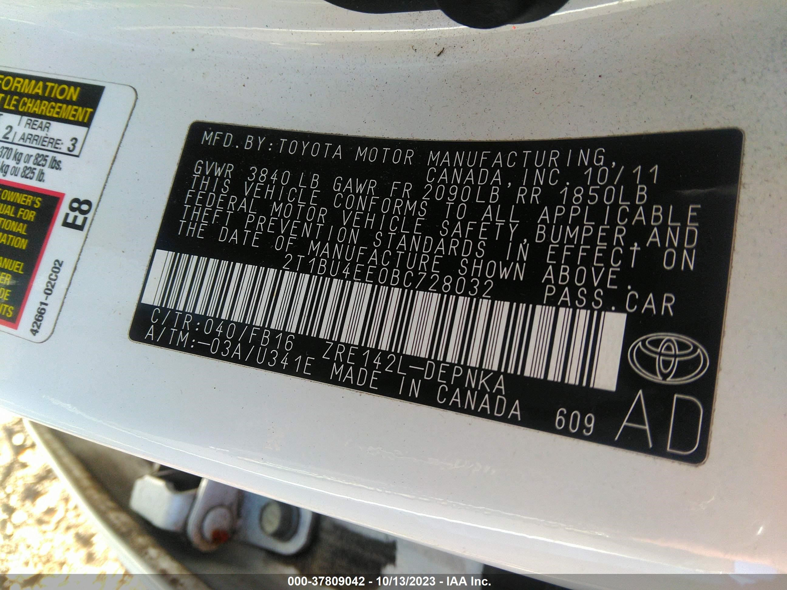 Photo 8 VIN: 2T1BU4EE0BC728032 - TOYOTA COROLLA 