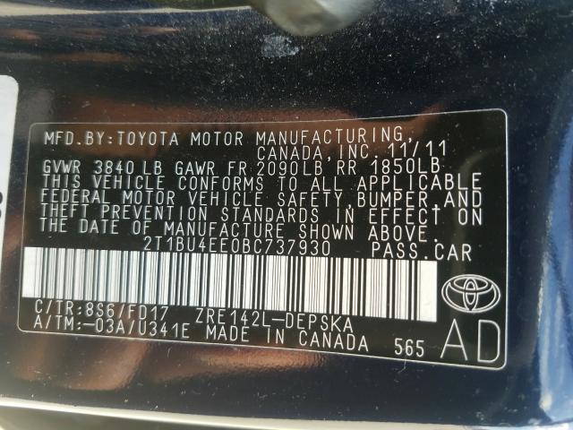 Photo 9 VIN: 2T1BU4EE0BC737930 - TOYOTA COROLLA BA 