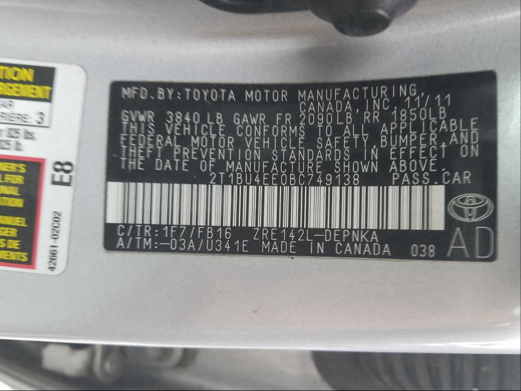 Photo 9 VIN: 2T1BU4EE0BC749138 - TOYOTA COROLLA BA 