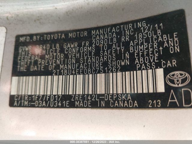 Photo 8 VIN: 2T1BU4EE0BC751262 - TOYOTA COROLLA 