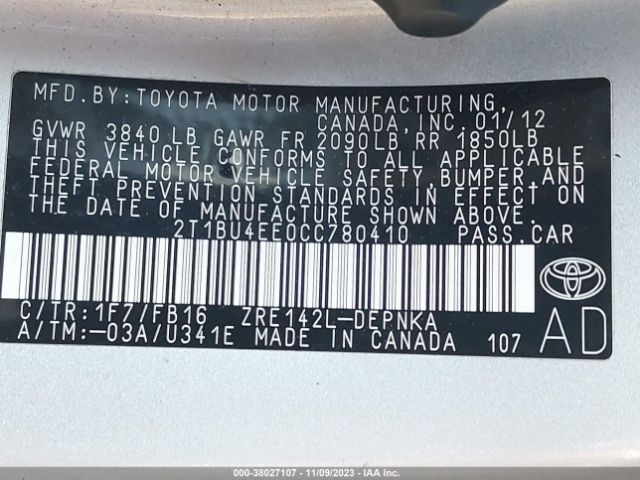 Photo 8 VIN: 2T1BU4EE0CC780410 - TOYOTA COROLLA 