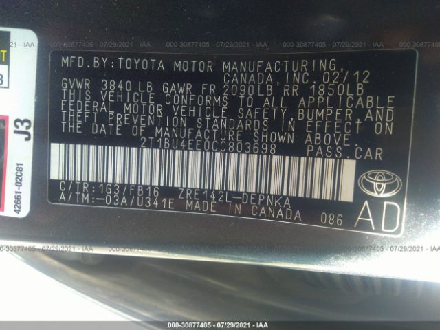 Photo 8 VIN: 2T1BU4EE0CC803698 - TOYOTA COROLLA 