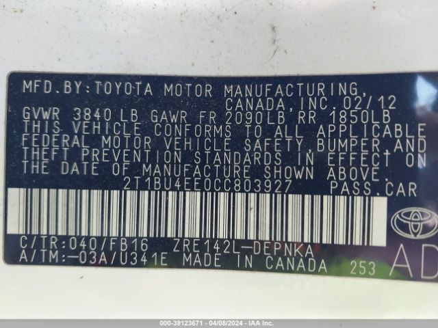 Photo 8 VIN: 2T1BU4EE0CC803927 - TOYOTA COROLLA 