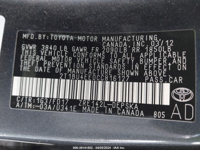 Photo 8 VIN: 2T1BU4EE0CC816127 - TOYOTA COROLLA 