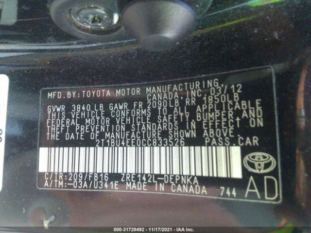 Photo 8 VIN: 2T1BU4EE0CC833526 - TOYOTA COROLLA 