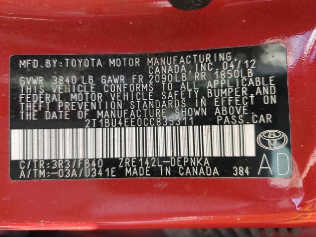 Photo 11 VIN: 2T1BU4EE0CC835311 - TOYOTA COROLLA BA 