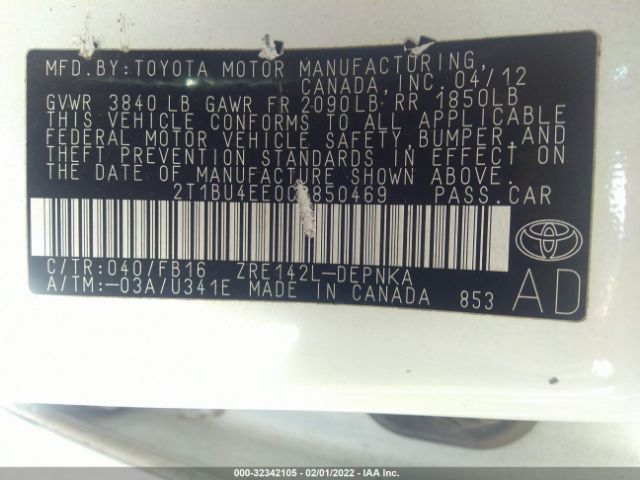 Photo 8 VIN: 2T1BU4EE0CC850469 - TOYOTA COROLLA 