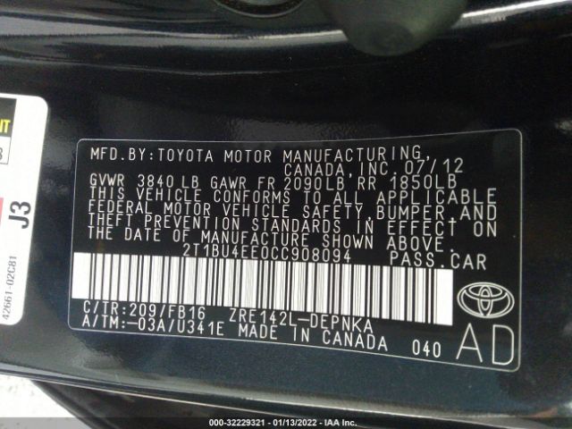 Photo 8 VIN: 2T1BU4EE0CC908094 - TOYOTA COROLLA 