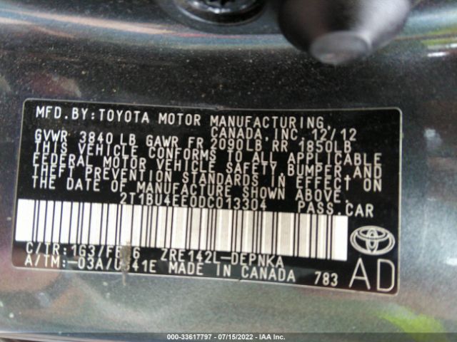 Photo 8 VIN: 2T1BU4EE0DC013304 - TOYOTA COROLLA 