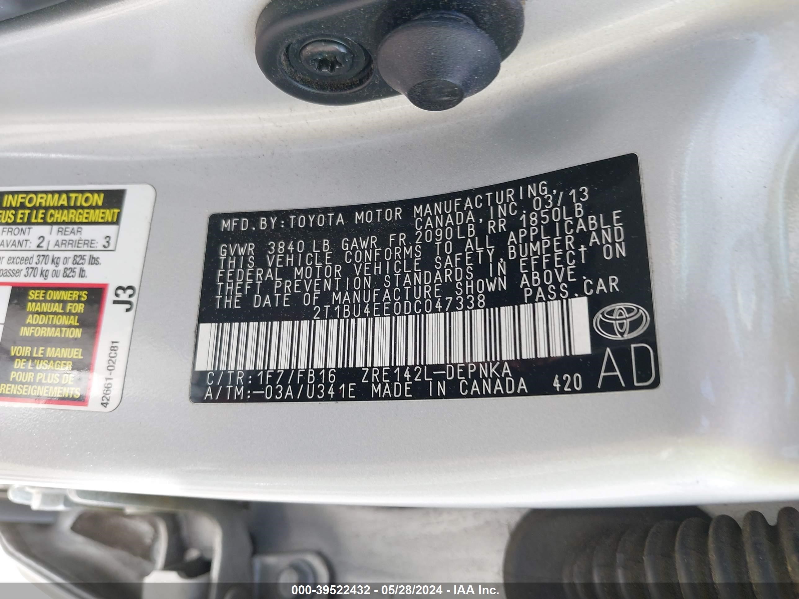 Photo 8 VIN: 2T1BU4EE0DC047338 - TOYOTA COROLLA 