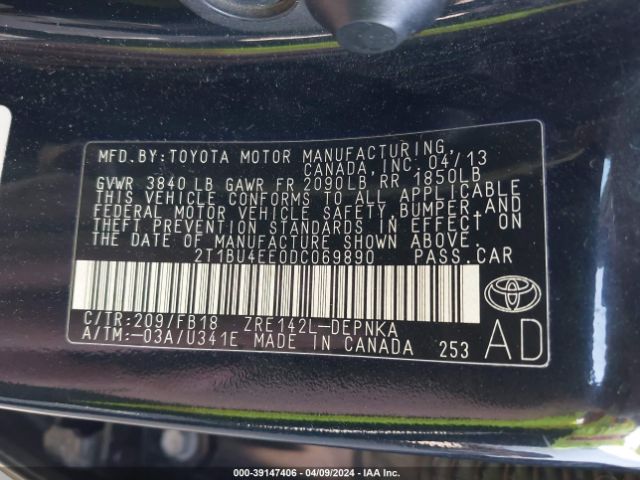 Photo 8 VIN: 2T1BU4EE0DC069890 - TOYOTA COROLLA 