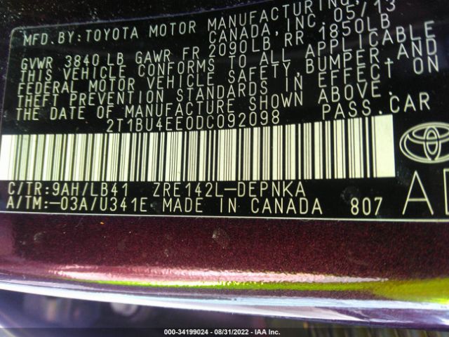 Photo 8 VIN: 2T1BU4EE0DC092098 - TOYOTA COROLLA 