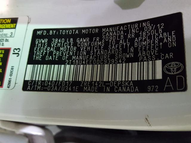 Photo 9 VIN: 2T1BU4EE0DC939542 - TOYOTA COROLLA BA 