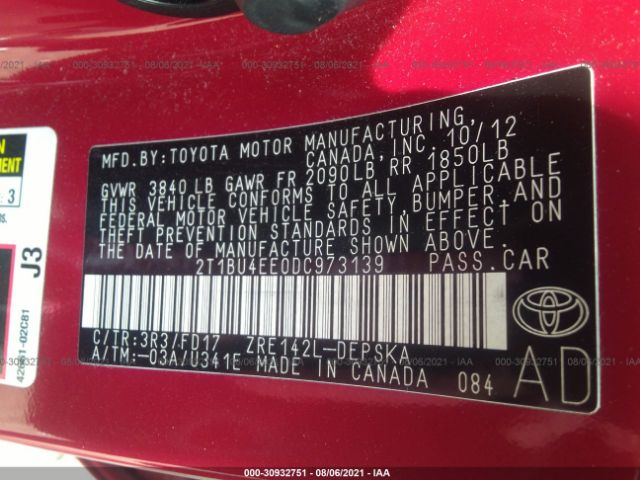 Photo 8 VIN: 2T1BU4EE0DC973139 - TOYOTA COROLLA 