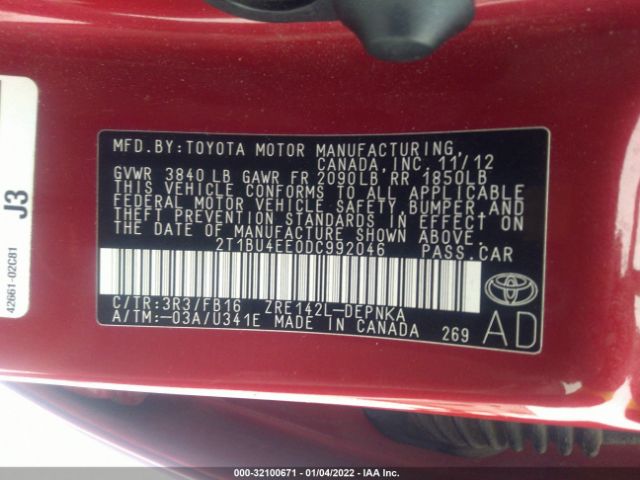 Photo 8 VIN: 2T1BU4EE0DC992046 - TOYOTA COROLLA 