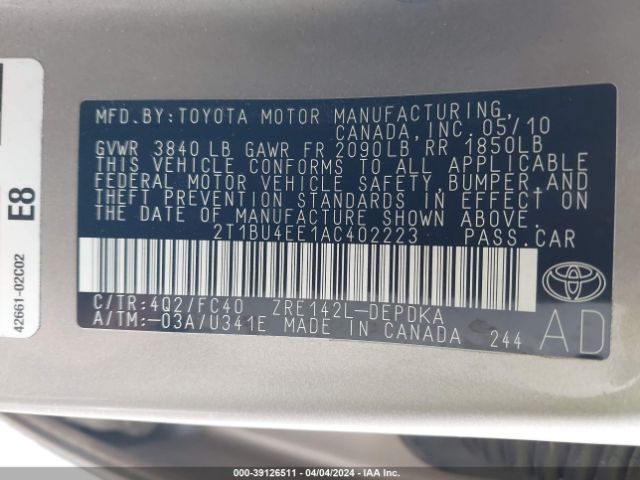 Photo 8 VIN: 2T1BU4EE1AC402223 - TOYOTA COROLLA 