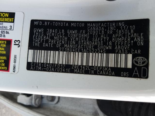 Photo 9 VIN: 2T1BU4EE1AC522345 - TOYOTA COROLLA S 