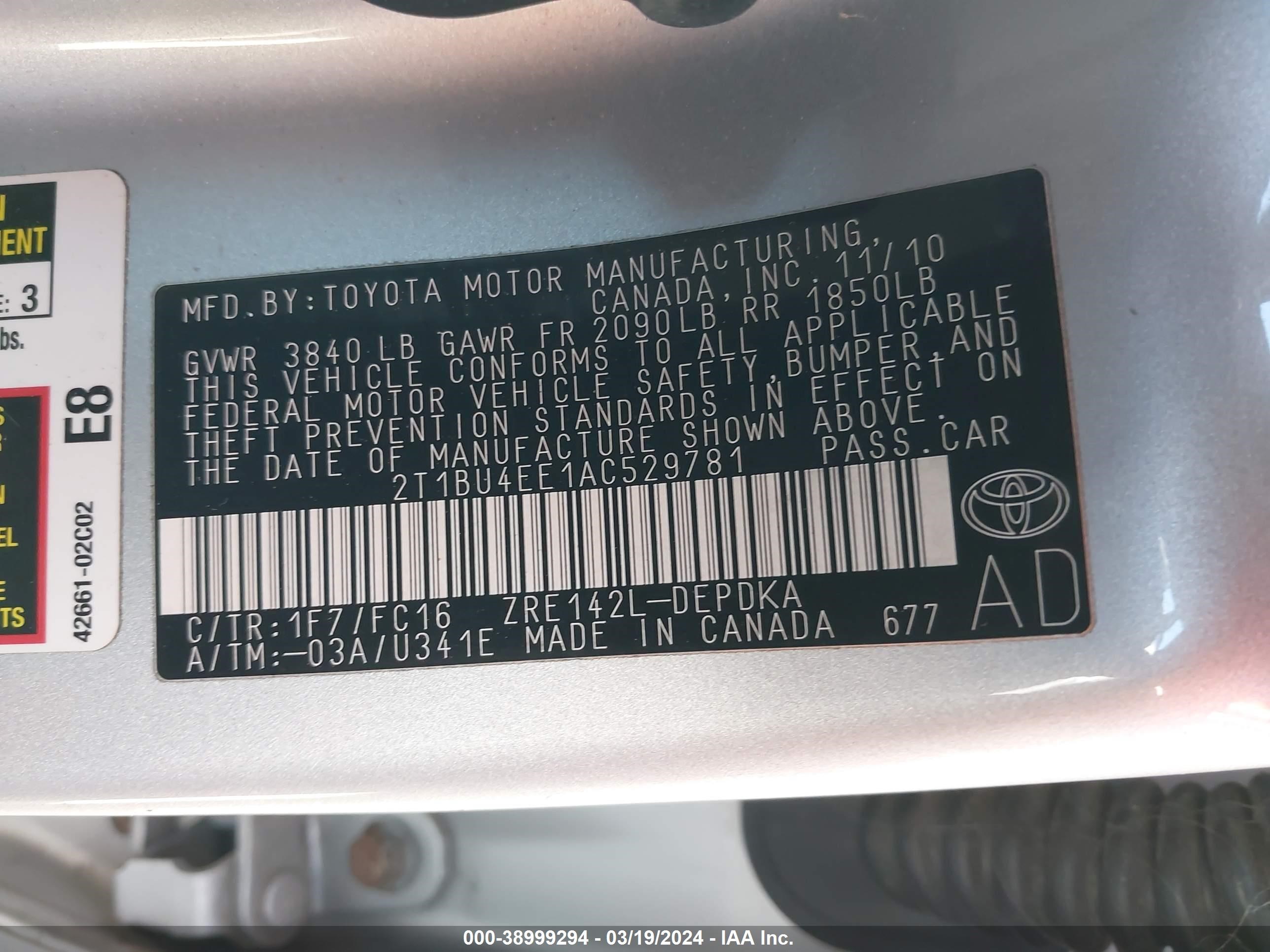 Photo 8 VIN: 2T1BU4EE1AC529781 - TOYOTA COROLLA 