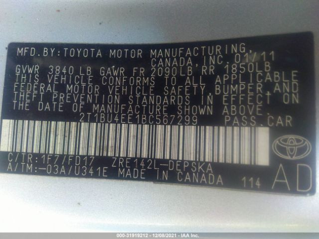 Photo 8 VIN: 2T1BU4EE1BC567299 - TOYOTA COROLLA 