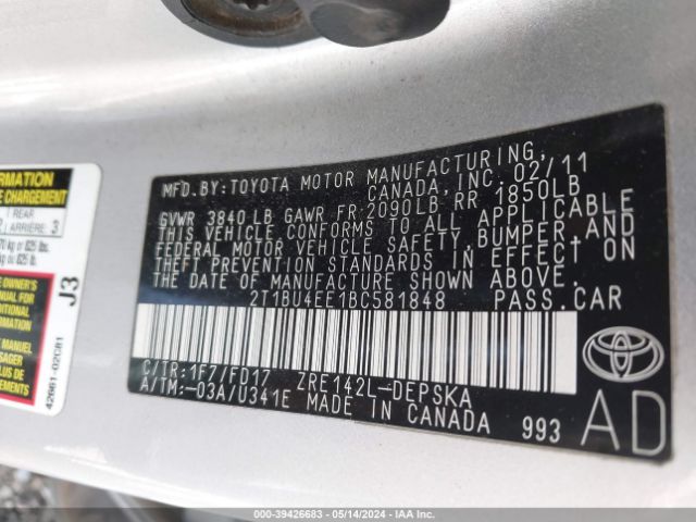 Photo 8 VIN: 2T1BU4EE1BC581848 - TOYOTA COROLLA 