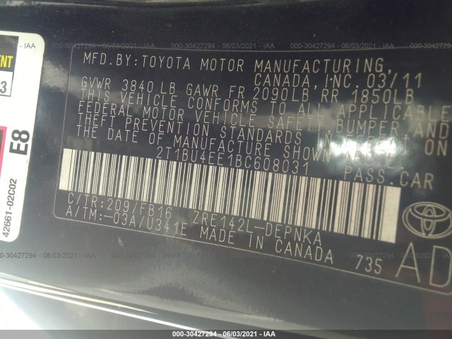 Photo 8 VIN: 2T1BU4EE1BC608031 - TOYOTA COROLLA 