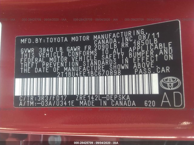 Photo 8 VIN: 2T1BU4EE1BC670898 - TOYOTA COROLLA 