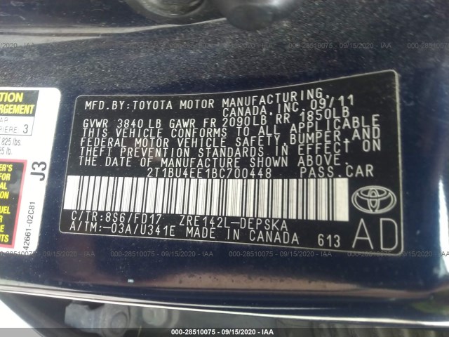 Photo 8 VIN: 2T1BU4EE1BC700448 - TOYOTA COROLLA 