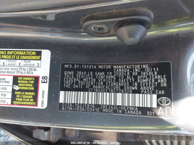 Photo 8 VIN: 2T1BU4EE1BC728329 - TOYOTA COROLLA 