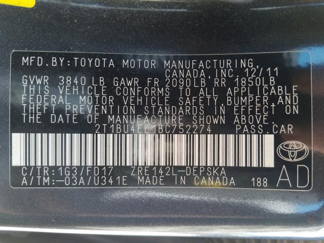 Photo 9 VIN: 2T1BU4EE1BC752274 - TOYOTA COROLLA BA 