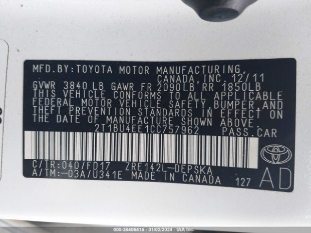 Photo 8 VIN: 2T1BU4EE1CC757962 - TOYOTA COROLLA 