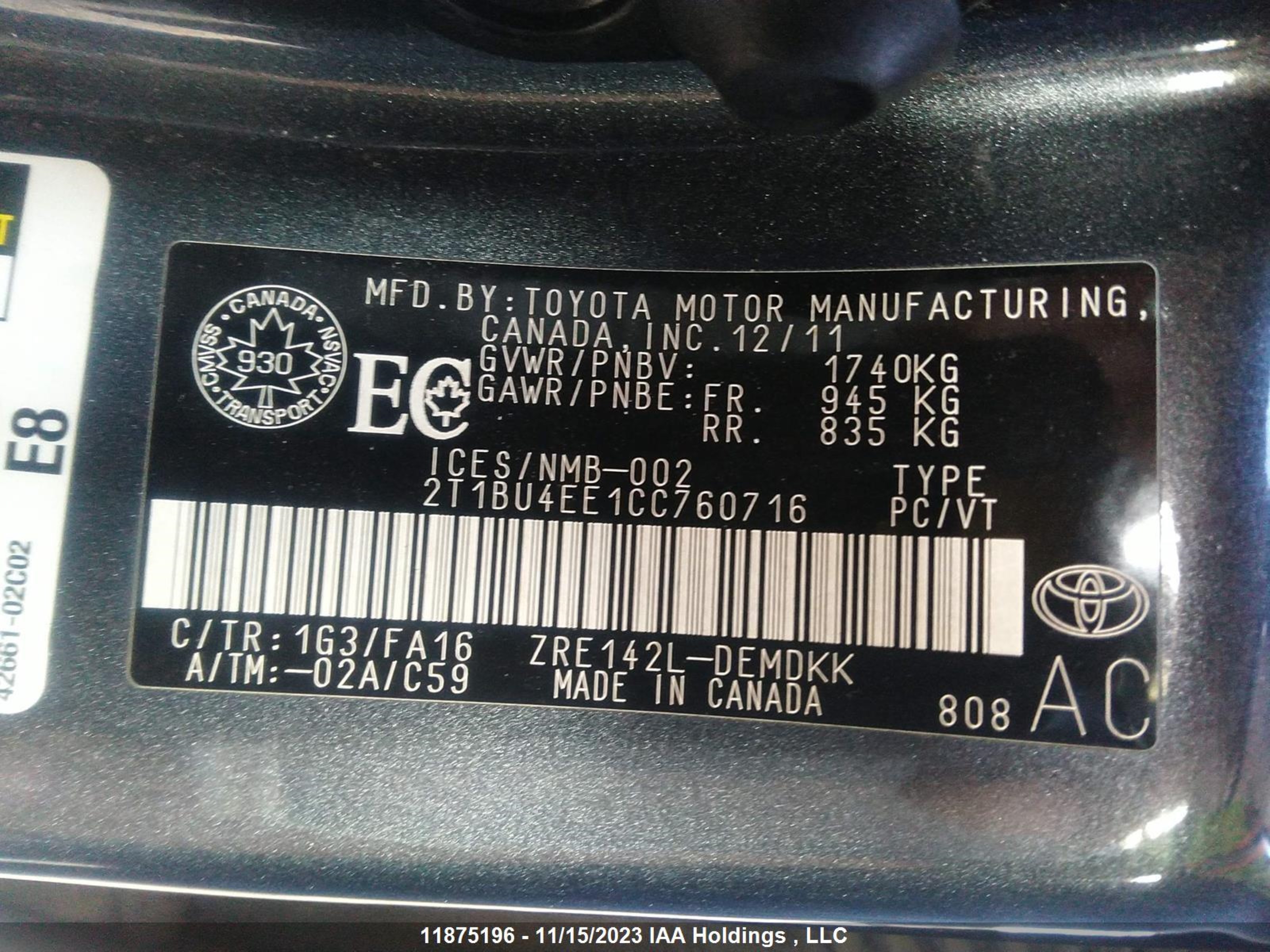 Photo 8 VIN: 2T1BU4EE1CC760716 - TOYOTA COROLLA 