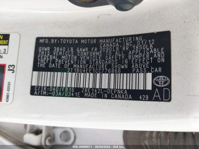 Photo 8 VIN: 2T1BU4EE1CC776866 - TOYOTA COROLLA 