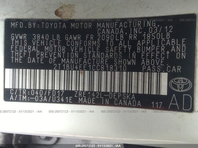 Photo 8 VIN: 2T1BU4EE1CC818310 - TOYOTA COROLLA 