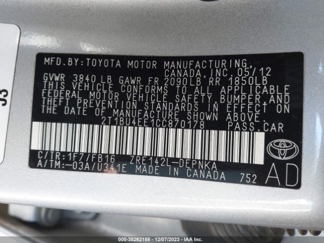 Photo 8 VIN: 2T1BU4EE1CC870178 - TOYOTA COROLLA 