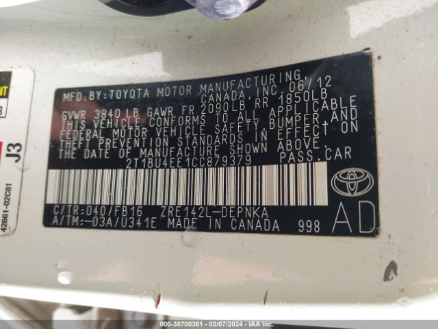 Photo 8 VIN: 2T1BU4EE1CC879379 - TOYOTA COROLLA 