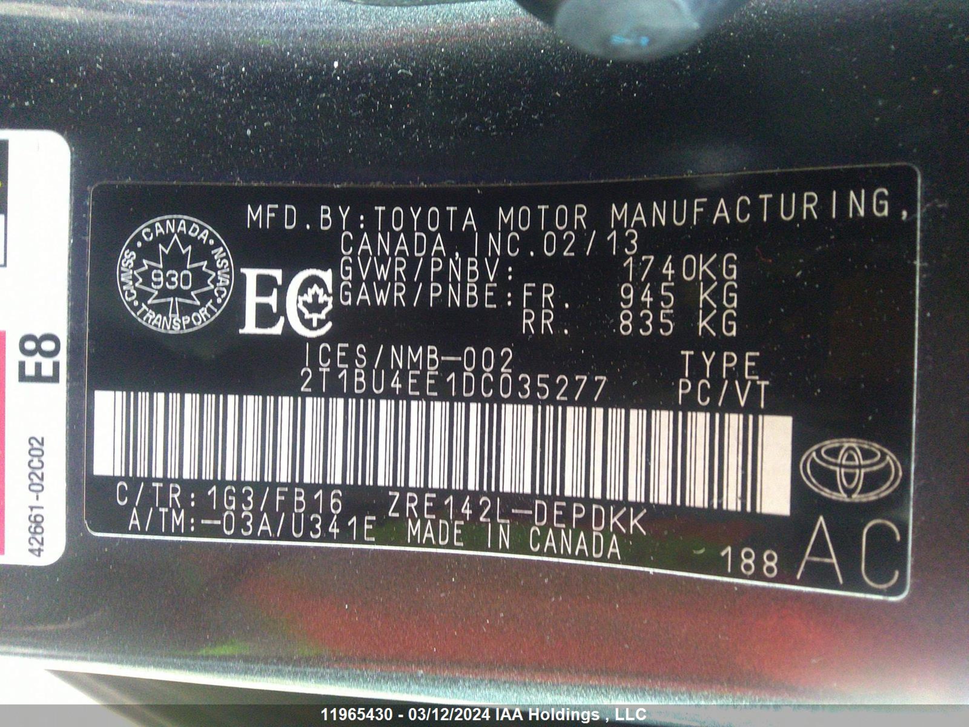 Photo 8 VIN: 2T1BU4EE1DC035277 - TOYOTA COROLLA 