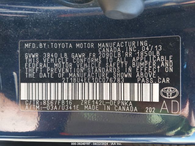 Photo 8 VIN: 2T1BU4EE1DC076783 - TOYOTA COROLLA 