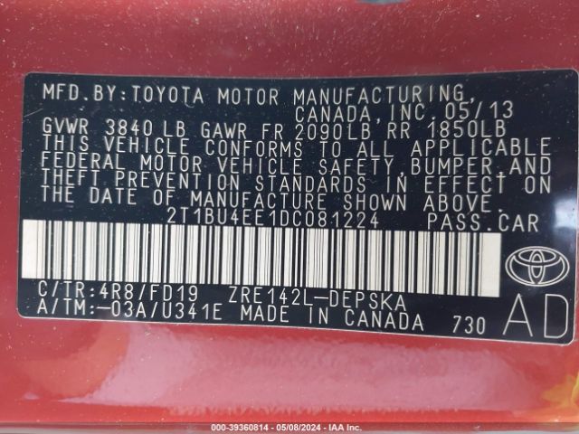 Photo 8 VIN: 2T1BU4EE1DC081224 - TOYOTA COROLLA 