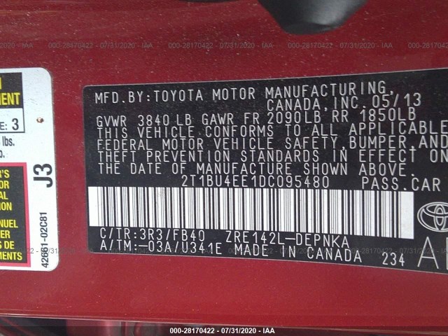 Photo 8 VIN: 2T1BU4EE1DC095480 - TOYOTA COROLLA 