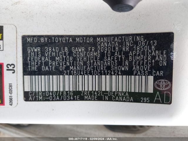 Photo 8 VIN: 2T1BU4EE1DC112424 - TOYOTA COROLLA 