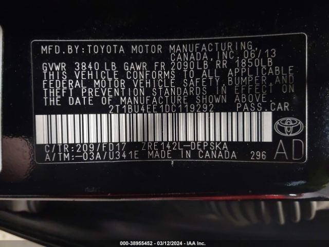 Photo 8 VIN: 2T1BU4EE1DC119292 - TOYOTA COROLLA 