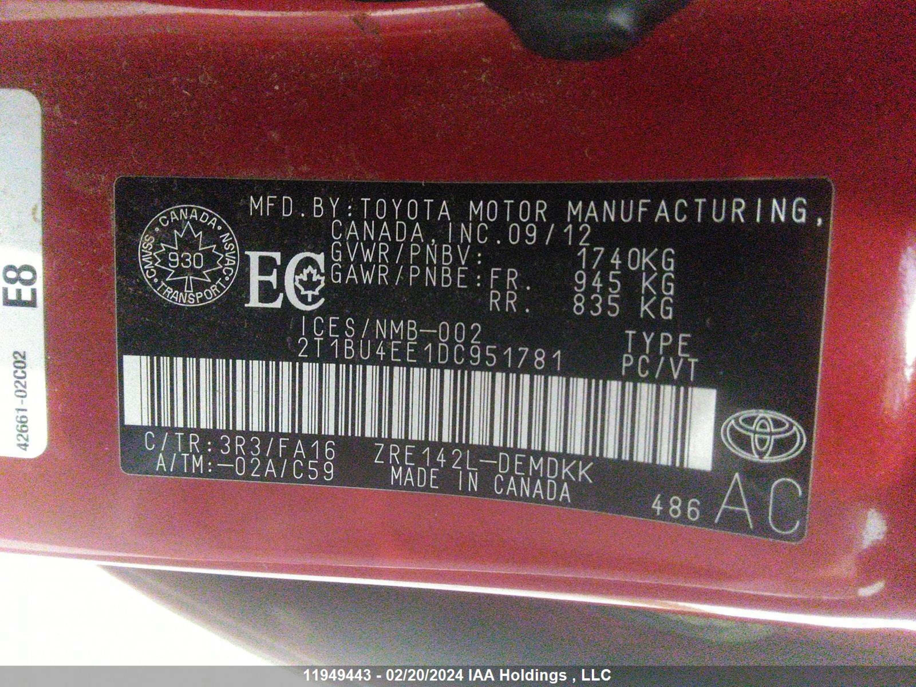 Photo 8 VIN: 2T1BU4EE1DC951781 - TOYOTA COROLLA 