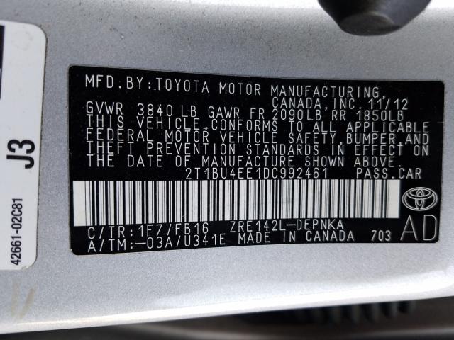 Photo 9 VIN: 2T1BU4EE1DC992461 - TOYOTA COROLLA BA 