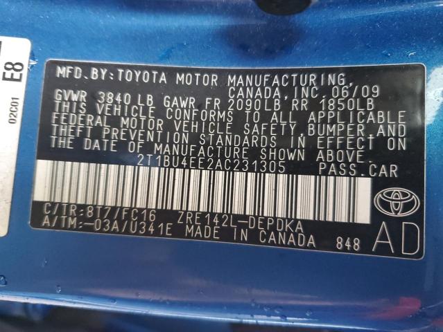 Photo 9 VIN: 2T1BU4EE2AC231305 - TOYOTA COROLLA BA 