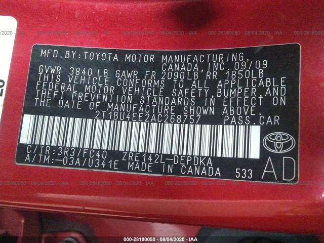 Photo 8 VIN: 2T1BU4EE2AC268757 - TOYOTA COROLLA 