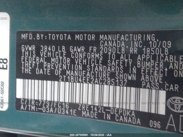 Photo 8 VIN: 2T1BU4EE2AC285137 - TOYOTA COROLLA 