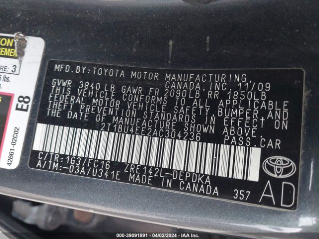 Photo 8 VIN: 2T1BU4EE2AC304236 - TOYOTA COROLLA 