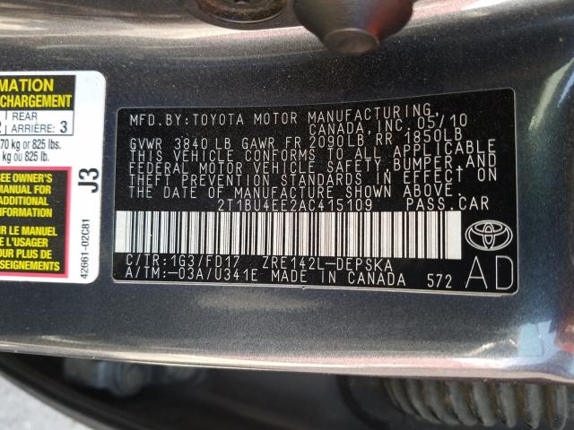 Photo 9 VIN: 2T1BU4EE2AC415109 - TOYOTA COROLLA BA 