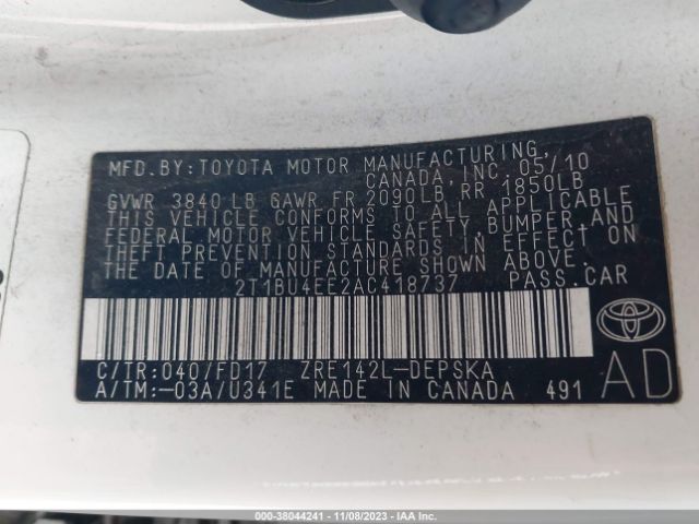 Photo 8 VIN: 2T1BU4EE2AC418737 - TOYOTA COROLLA 