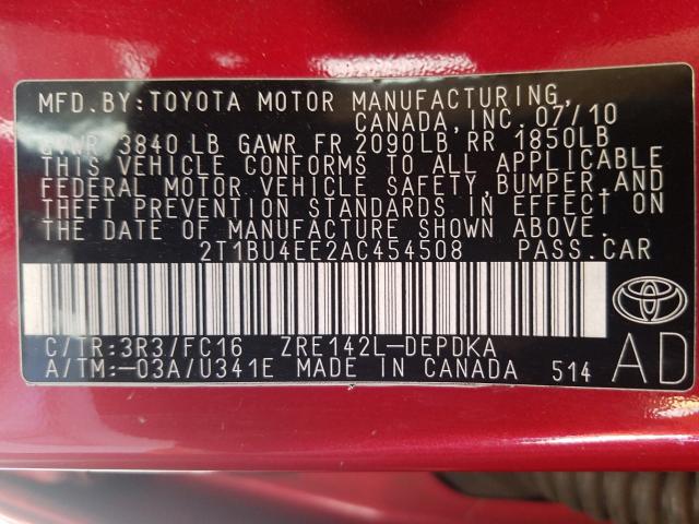 Photo 9 VIN: 2T1BU4EE2AC454508 - TOYOTA COROLLA BA 